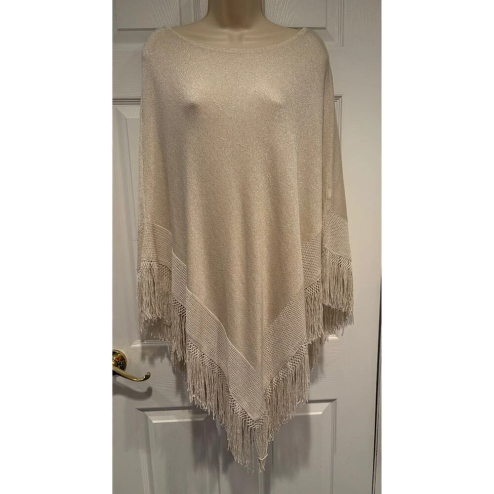 WHBM Shimmer Fringe Poncho S NWT Ecru Gold Luxe Resort Statement Wrap